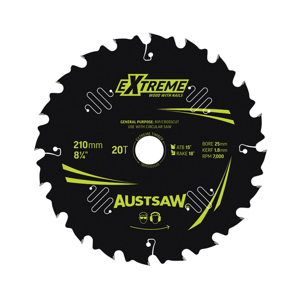 Austsaw Extreme: Wood with Nails Blade 210mm x 25/16 Bore x 20 T Thin Kerf