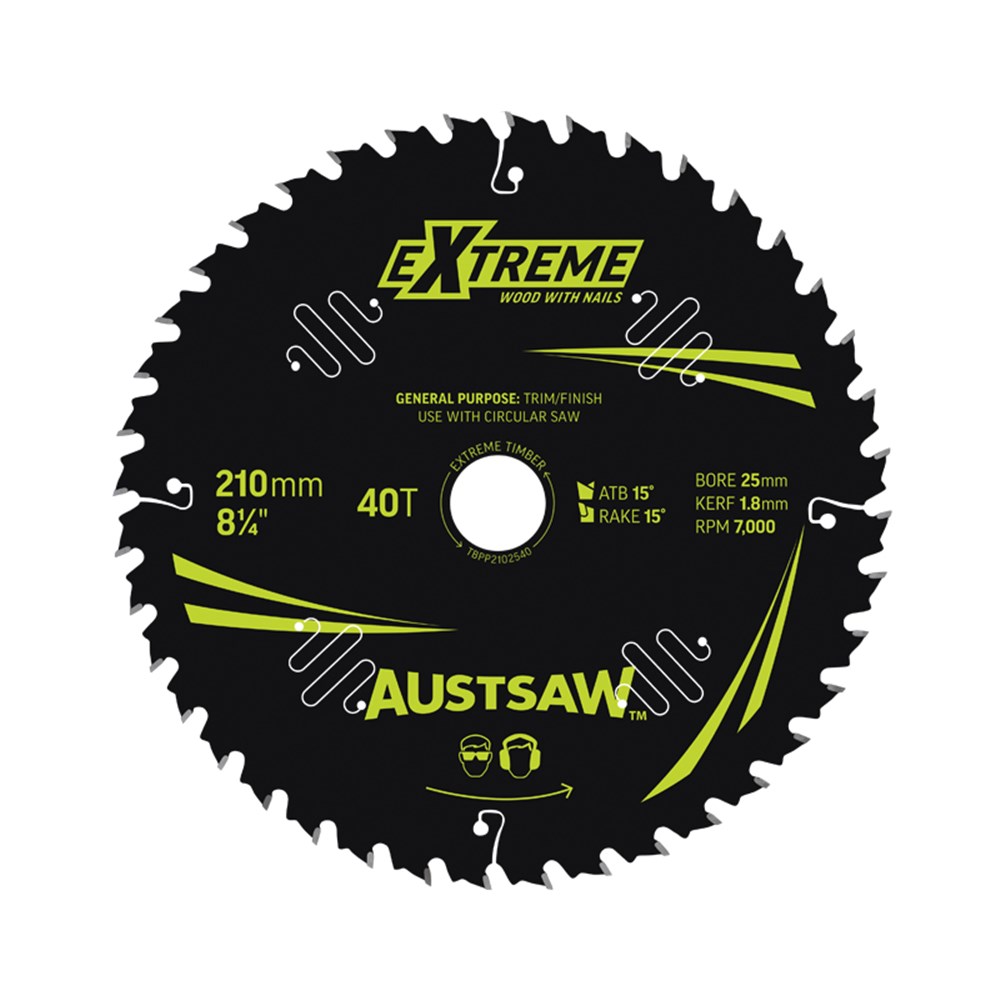 Austsaw Extreme: Wood with Nails Blade 210mm x 25/16 Bore x 40 T Thin Kerf