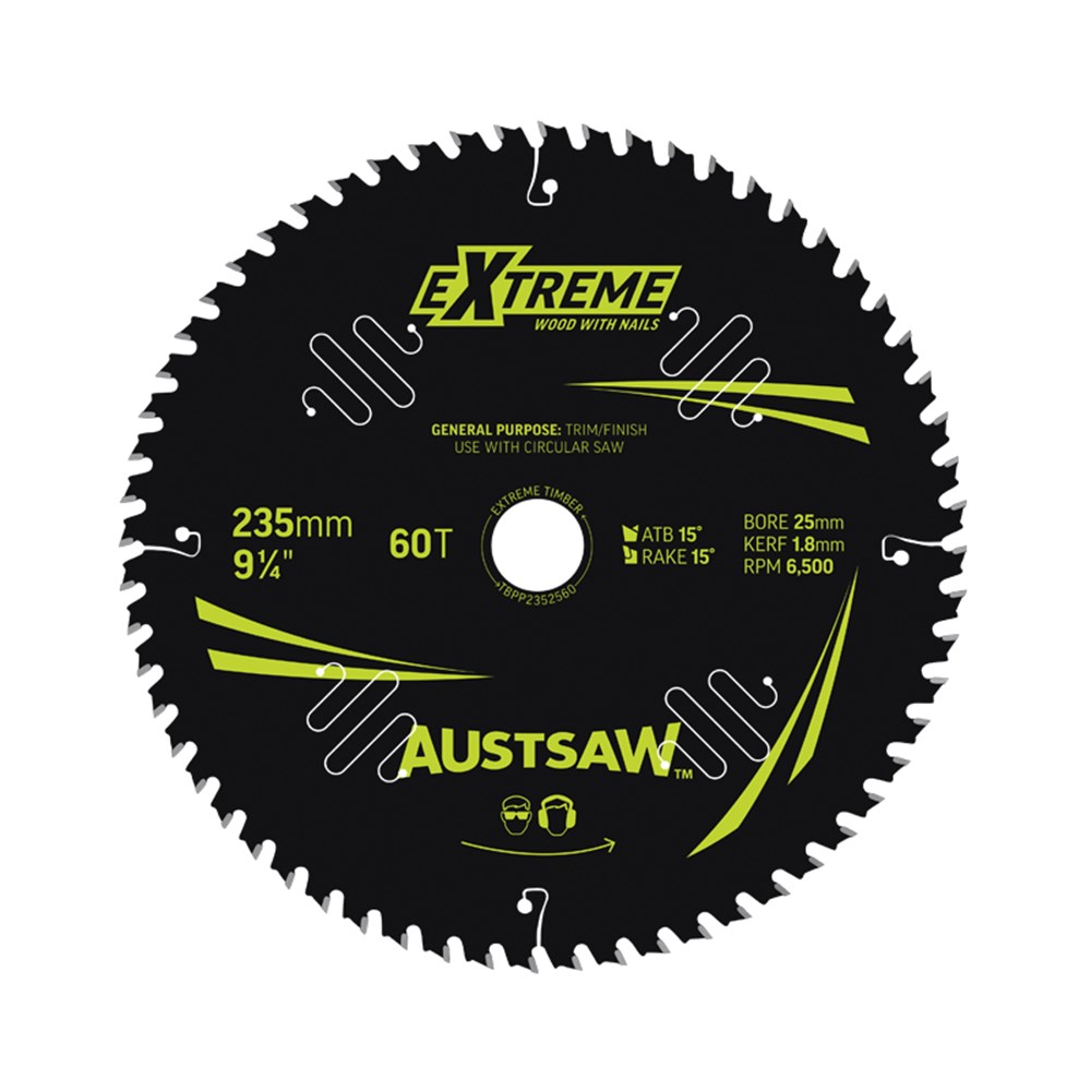 Austsaw Extreme: Wood with Nails Blade 235mm x 25 Bore x 60 T Thin Kerf