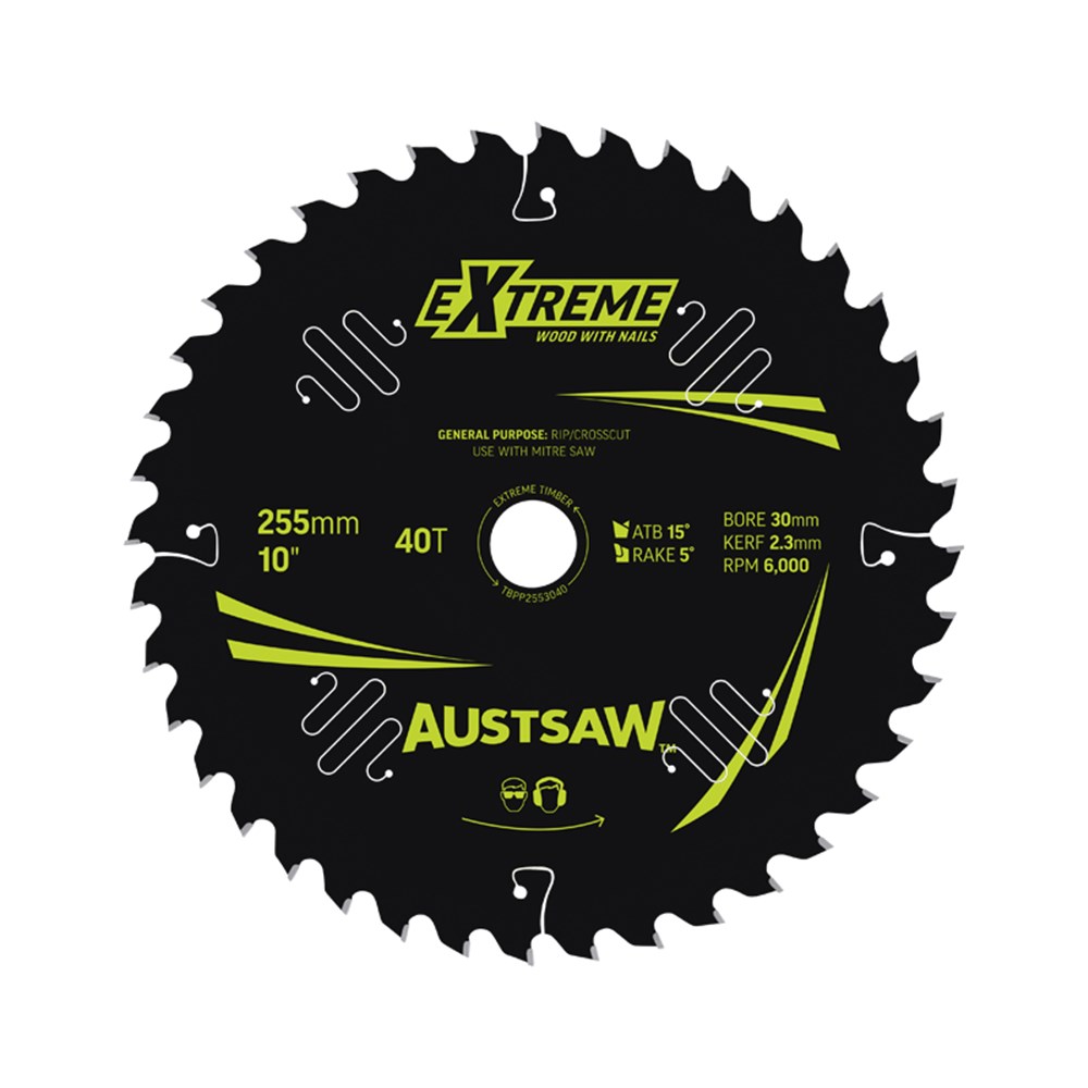 Austsaw Extreme: Wood with Nails Blade 255mm x 30 Bore x 40 T Thin Kerf