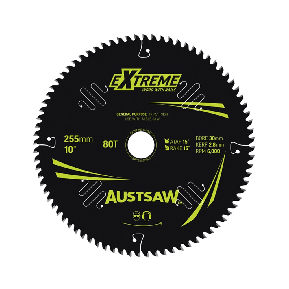 Austsaw Extreme: Wood with Nails Blade 255mm x 30 Bore x 80 T Thin Kerf