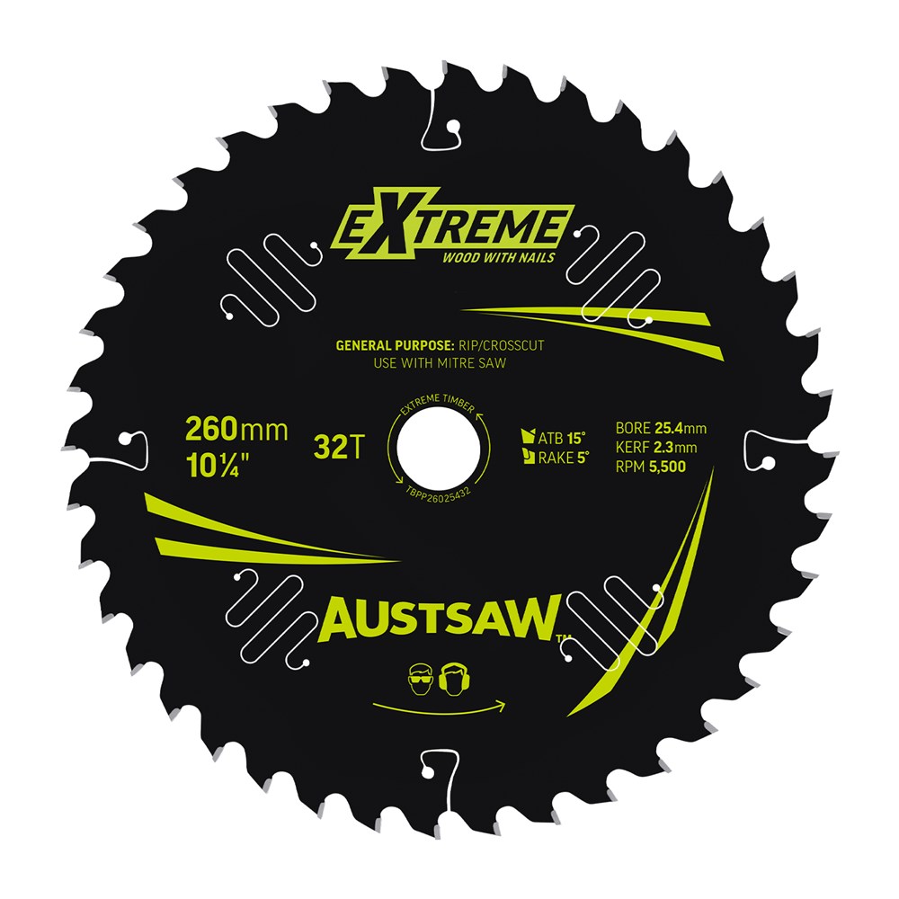 Austsaw Extreme: Wood with Nails Blade 260mm x 25.4 Bore x 32 T Thin Kerf