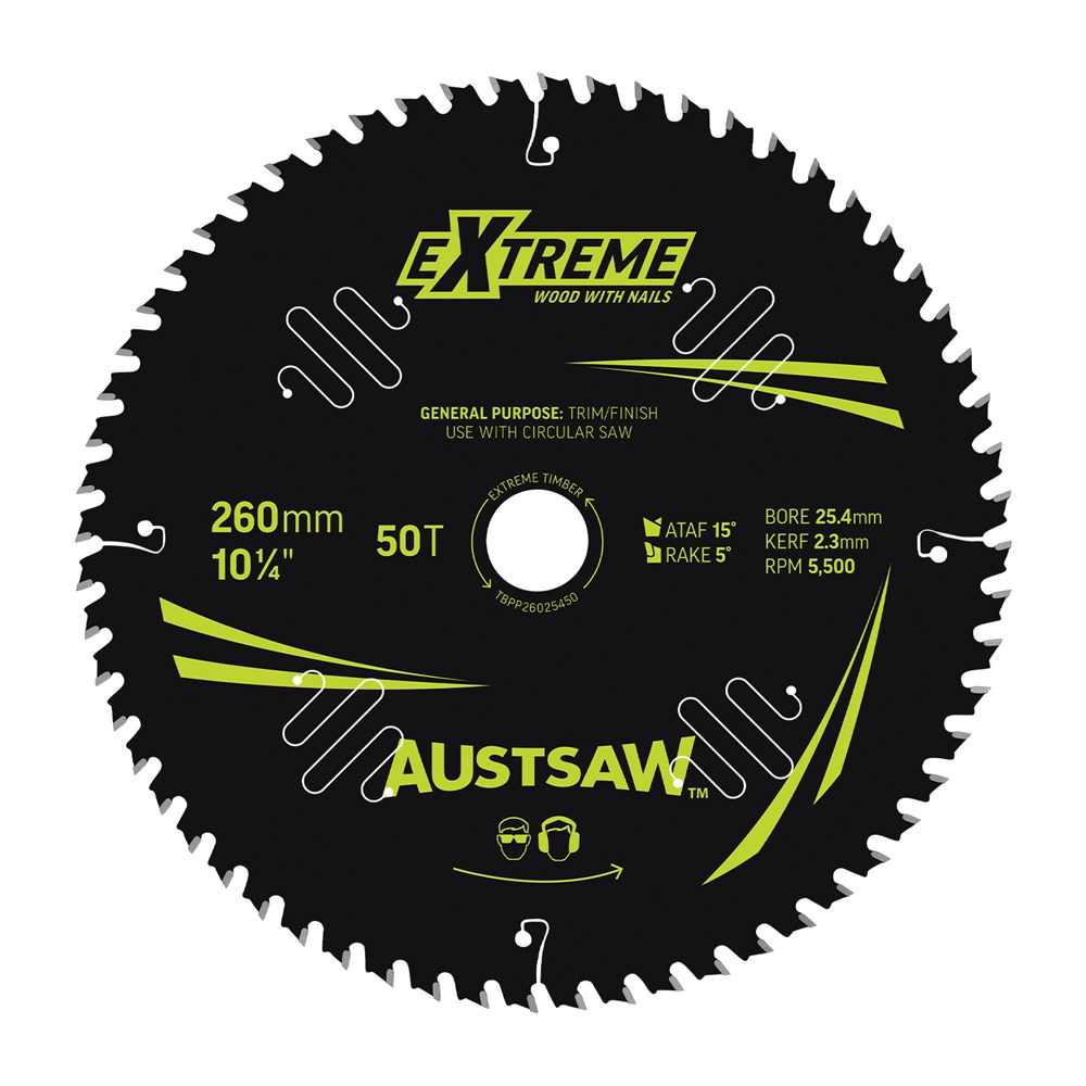 Austsaw Extreme: Wood with Nails Blade 260mm x 25.4 Bore x 50 T Thin Kerf