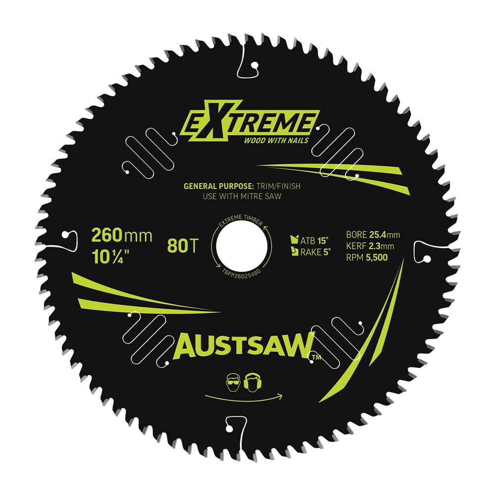 Austsaw Extreme: Wood with Nails Blade 260mm x 25.4 Bore x 80 T Thin Kerf
