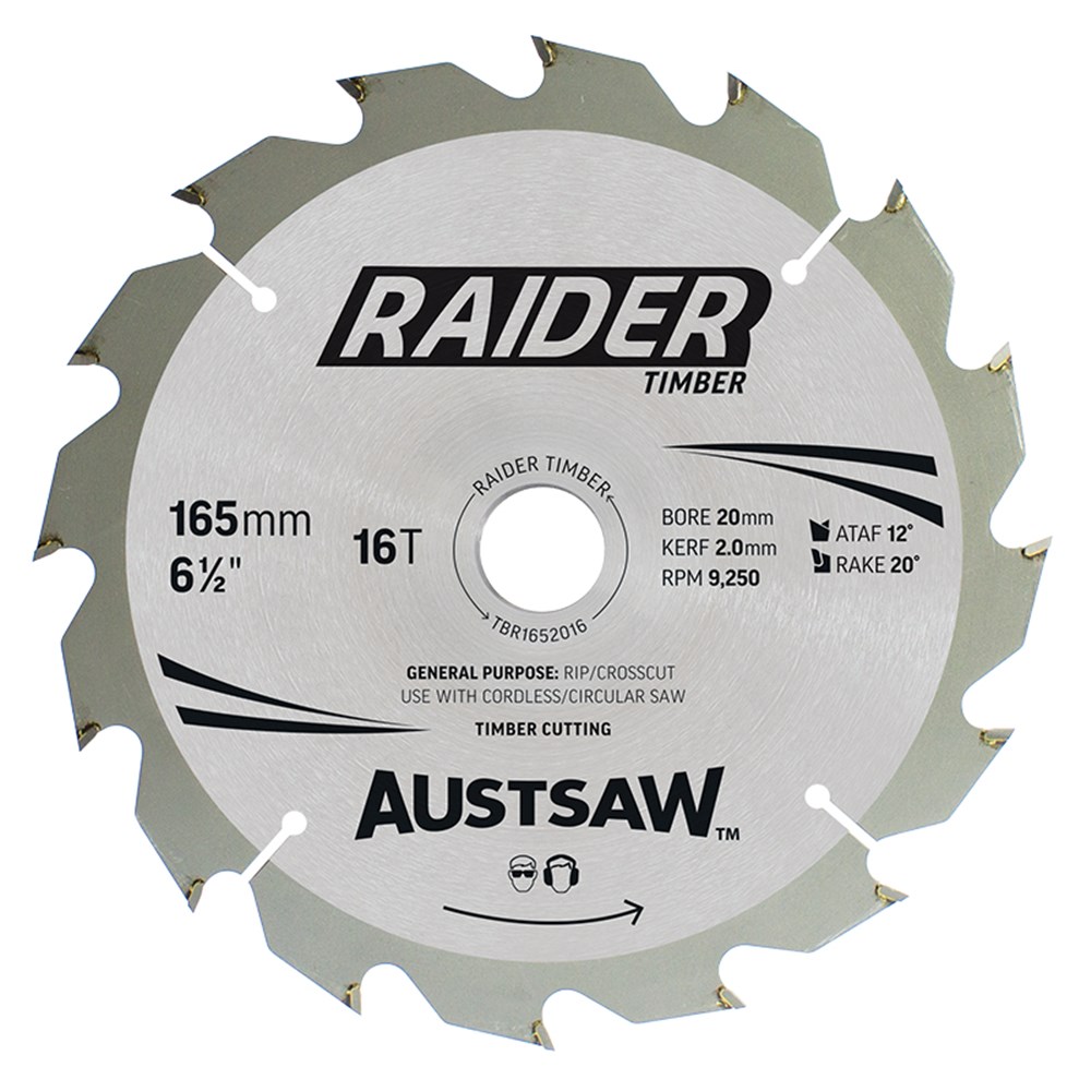 [170-TBR1652016] Austsaw Raider Timber Blade 165mm x 20 Bore x 16 T Thin Kerf