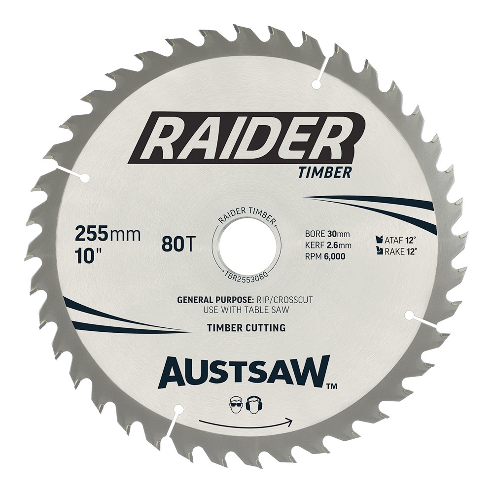 [170-TBR2553080] Austsaw Raider Timber Blade 255mm x 30/25.4 Bore x 80 T Thin Kerf