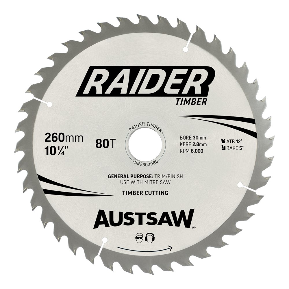 [170-TBR2603080] Austsaw Raider Timber Blade 260mm x 30 Bore x 80 T Thin Kerf