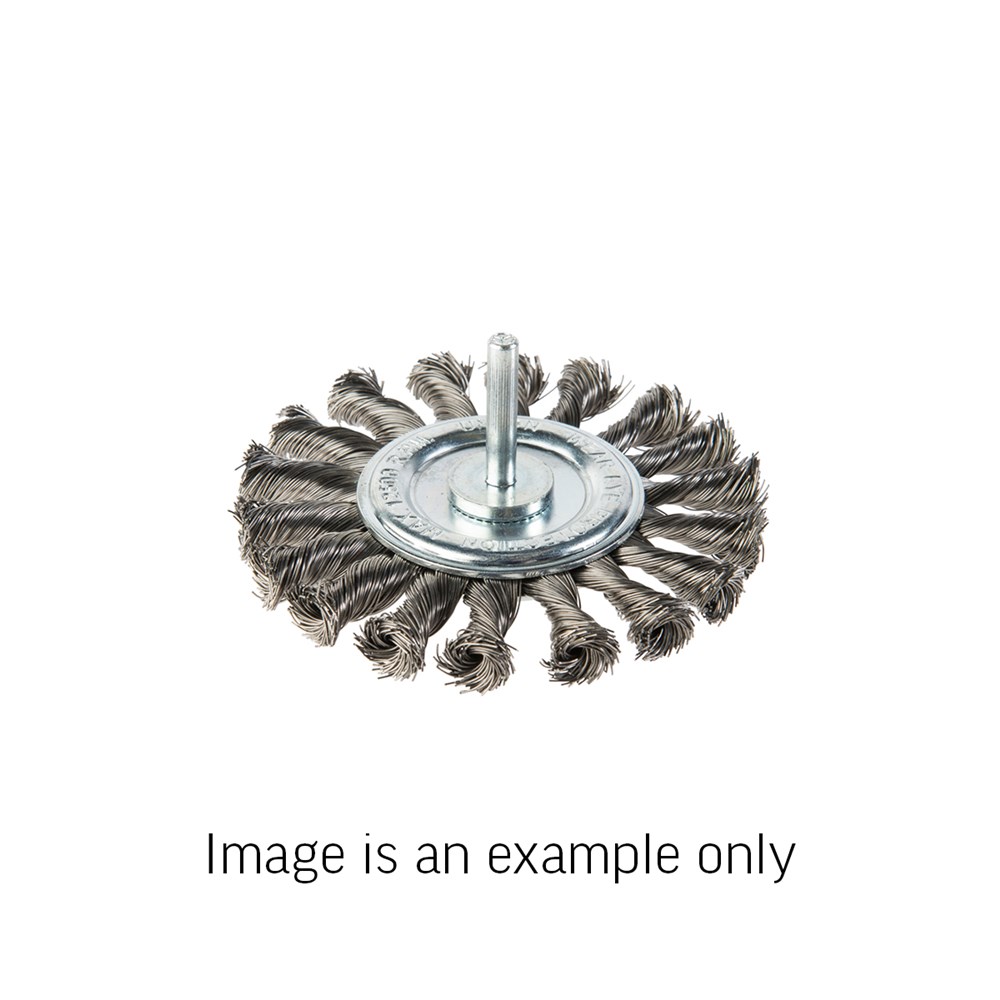 Wheel Brush Twist Knot 6mm Spindle Mount Stainless Steel 0.4mm Wire x 75mm Dia Carded