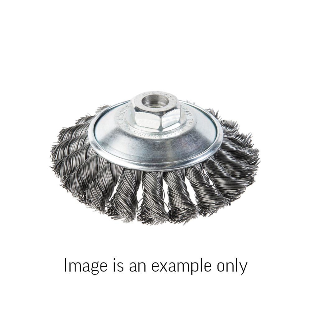 Bevel Brush Twist Knot Stainless Steel 0.5mm Wire x 100mm Dia M14 Carded