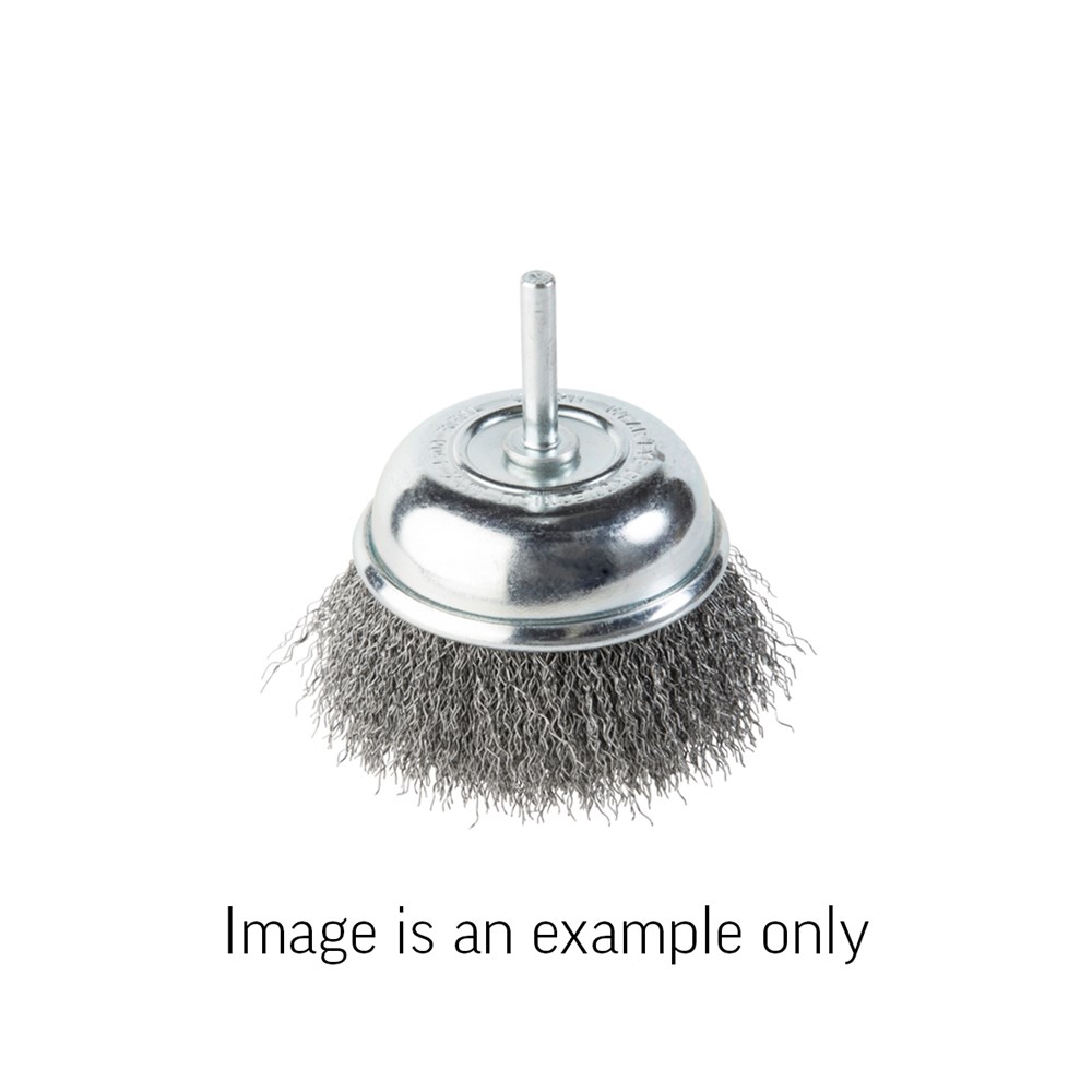 Cup Brush Crimped Wire 6mm Spindle Mount Stainless Steel 0.3mm Wire x 65mm Dia Carded