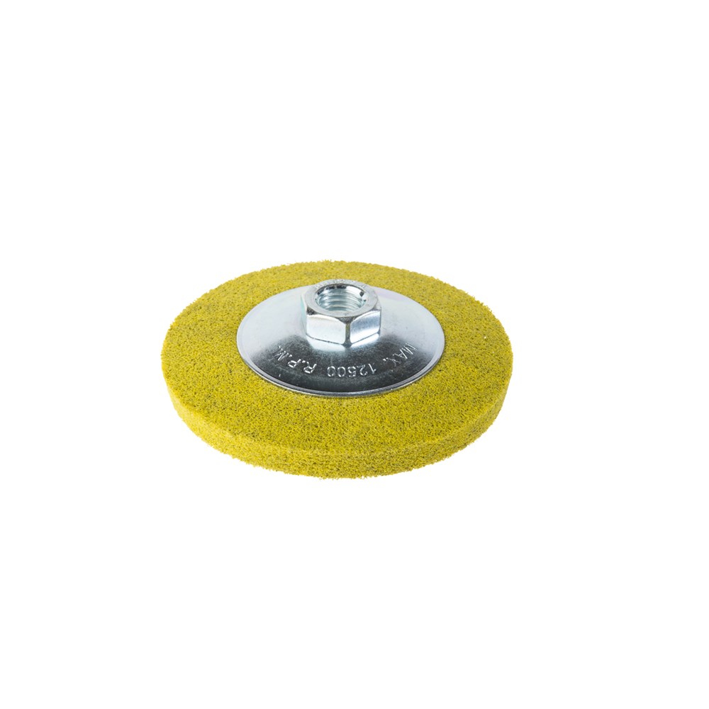 [170-VNP-44 5364442] Unitized Finishing Disc - Dished - Non Woven 400Grit Yellow 100mm Dia M14 x 2 Mount- Carded