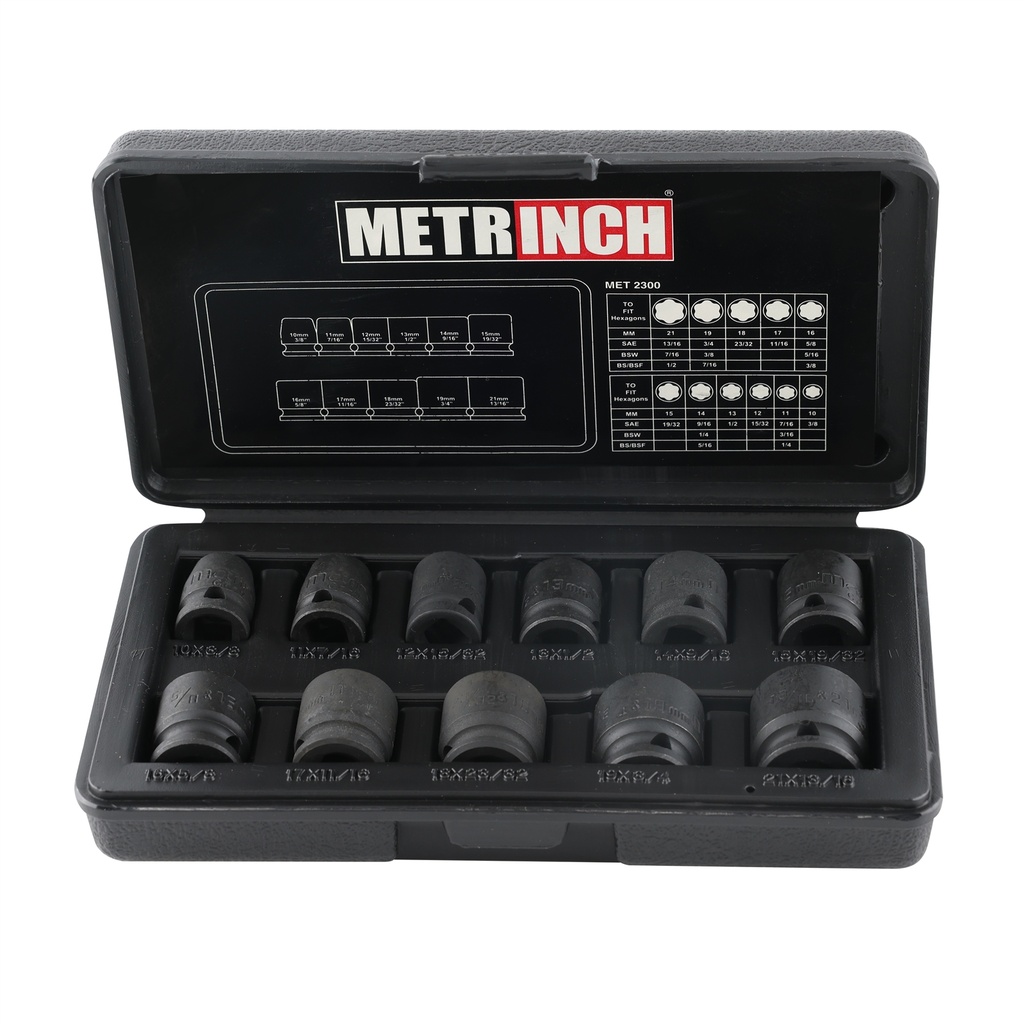 MET-2300 Standard Impact Socket Set 3/8 Inch Drive 11 Piece