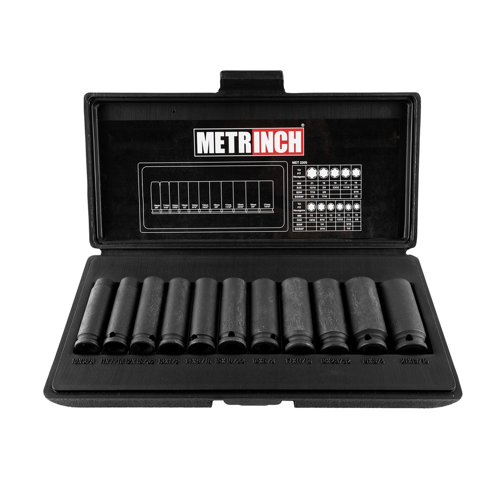 MET-2305 Deep Wall Impact Socket Set 3/8 Inch Drive 11 Piece