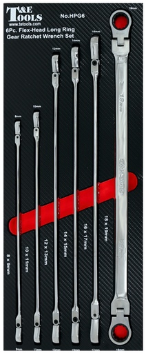 [159-HPG6] 6 Piece  8mm to 19mm Flex Head Long Ring Gear Ratchet Wrench Set 