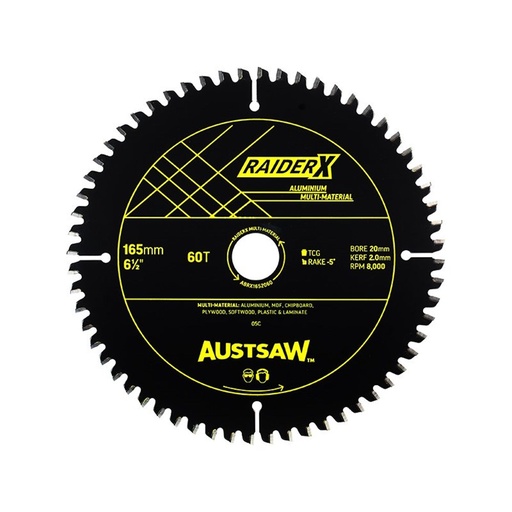 [170-ABRX1652060] Austsaw RaiderX Aluminium Multi Material Blade | 165mm x 20 x 60T