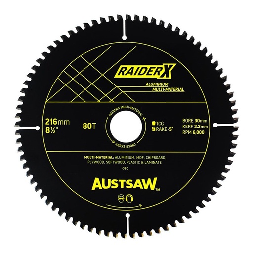 [170-ABRX2163080] Austsaw RaiderX Aluminium Multi Material Blade | 216mm x 30 x 80T