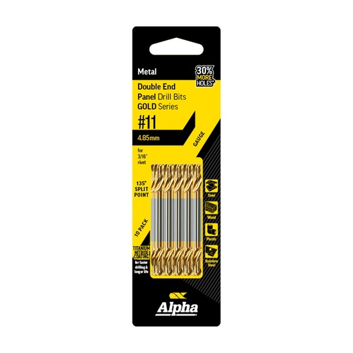 [170-C9D11TP] No.11 Gauge (4.85mm) Double Ended Panel Drill Bit - Gold Series 10 pce Trade Pack