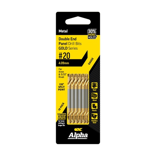 [170-C9D20TP] No.20 Gauge (4.09mm) Double Ended Panel Drill Bit - Gold Series 10 pce Trade Pack