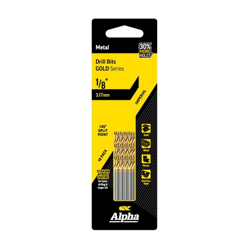 [170-C9LI18TP] 1/8in (3.17mm) Jobber Drill Bit - Gold Series 10 pce Trade Pack