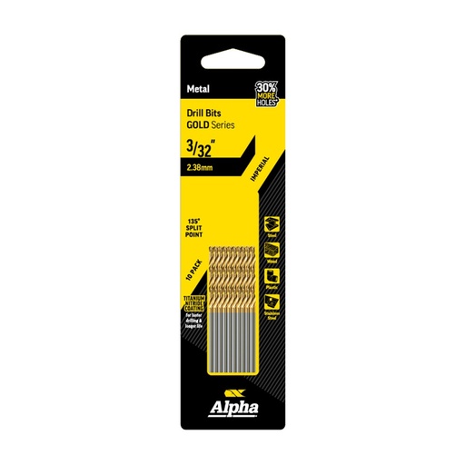 [170-C9LI332TP] 3/32in (2.38mm) Jobber Drill Bit - Gold Series 10 pce Trade Pack
