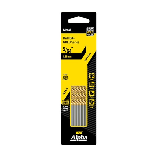 [170-C9LI564TP] 5/64in (1.98mm) Jobber Drill Bit - Gold Series 10 pce Trade Pack