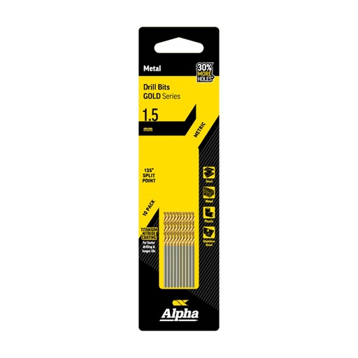 [170-C9LM015TP] 1.5mm Jobber Drill Bit - Gold Series 10 pce Trade Pack