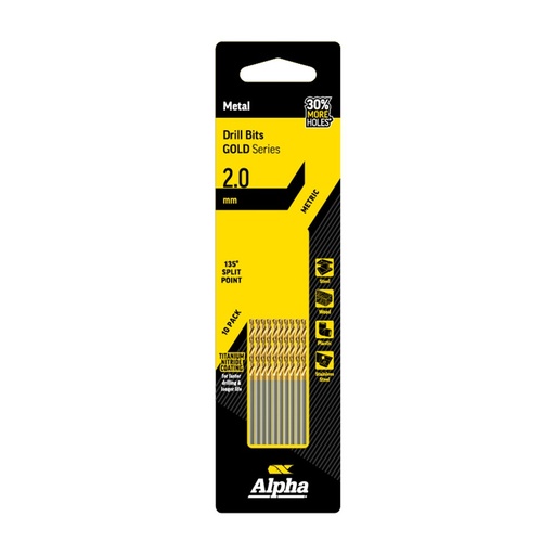 [170-C9LM020TP] 2mm Jobber Drill Bit - Gold Series 10 pce Trade Pack