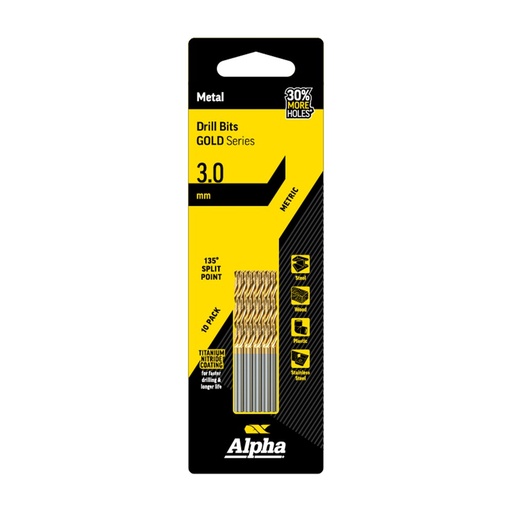 [170-C9LM030TP] 3mm Jobber Drill Bit - Gold Series 10 pce Trade Pack