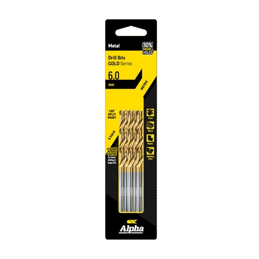 [170-C9LM060TP] 6mm Jobber Drill Bit - Gold Series 5 pce Trade Pack