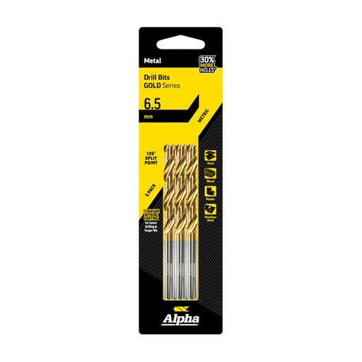 [170-C9LM065TP] 6.5mm Jobber Drill Bit - Gold Series 5 pce Trade Pack