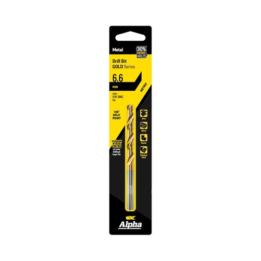 [170-C9LM066] 6.6mm Jobber Drill Suits UNC516 Tap Carded  - Gold Series