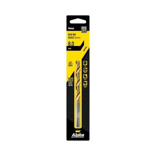 [170-C9LM080] 8mm Jobber Drill Bit Carded - Gold Series