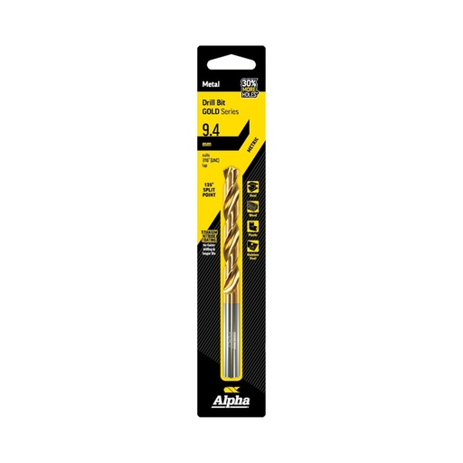 [170-C9LM094] 9.4mm Jobber Drill Suits UNC716 Tap Carded  - Gold Series