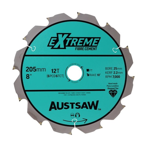 [170-PCD205] Austsaw - 205mm ( 8in) Polycrystalline Diamond Blade - 25mm Bore - 6PCD 6TCT Teeth