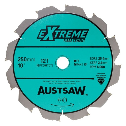 [170-PCD250] Austsaw - 250mm (10in) Polycrystalline Diamond Blade - 25.4mm Bore - 6PCD6TCT Teeth