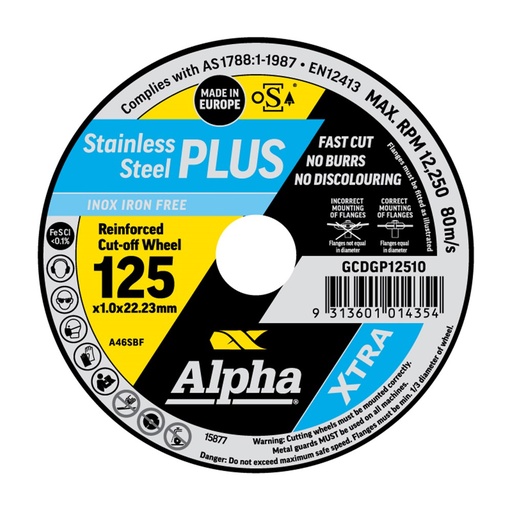 [170-GCDGP12510-100] Alpha Stainless Steel Plus | 125 x 1.0mm Cutting Disc - 100 Pack