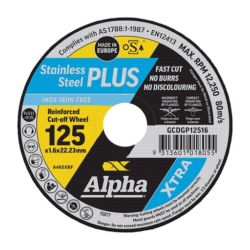 [170-GCDGP12516-25] Alpha Stainless Steel Plus | 125 x 1.6mm Cutting Disc - 25 Pack