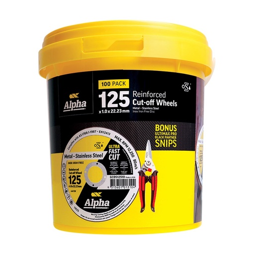 [170-GCDS12510-100BP] Cutting Disc 125 x 1mm Alpha Tub (Pk 100) Bonus 29-721B Snips