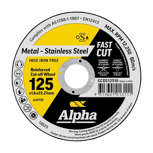 [170-GCDS12516] Cutting Disc 125 x 1.6mm Alpha Bulk