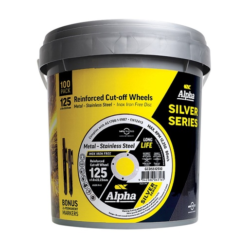 [170-GCDSS12510-100PM] Cutting Disc 125 x 1mm Silver Series Tub (Pk 100) Free Markers