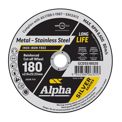 [170-GCDSS18020] Cutting Disc 180 x 2mm Silver Series Bulk