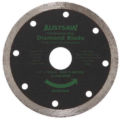 [170-AUDIA115C] Austsaw - 115mm (4.5in) Diamond Blade Continuous Rim - 22.2mm Bore - Continuous