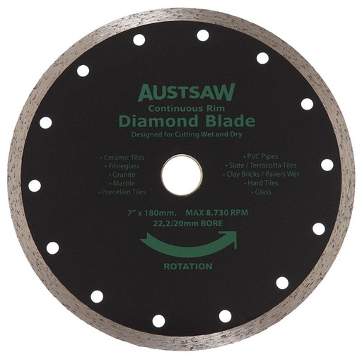 [170-AUDIA180C] Austsaw - 185mm(7in) Diamond Blade Continuous Rim - 22.2/20mm Bore - Continuous
