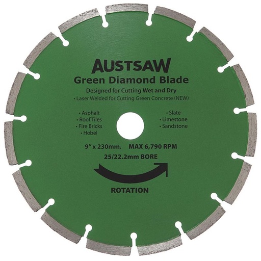 [170-AUDIA230G] Austsaw - 230mm (9in) Diamond Blade Green Concrete - 25/22.2mm Bore - Green Concrete