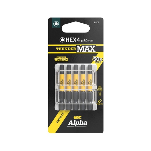 [170-CHEX450SM-5] ThunderMax HEX4 x 50mm Impact Power Bit Carded | 5 Pack