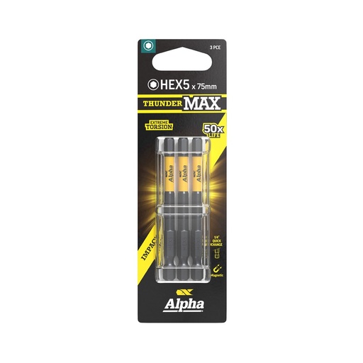 [170-CHEX575SM-3] ThunderMax HEX5 x 75mm Impact Power Bit Carded | 3 Pack