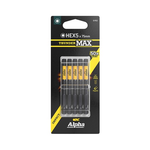 [170-CHEX575SM-5] ThunderMax HEX5 x 75mm Impact Power Bit Carded | 5 Pack