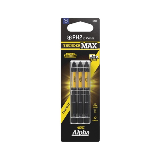 [170-CPH275SM-3] ThunderMax PH2 x 75mm Impact Power Bit Carded | 3 Pack