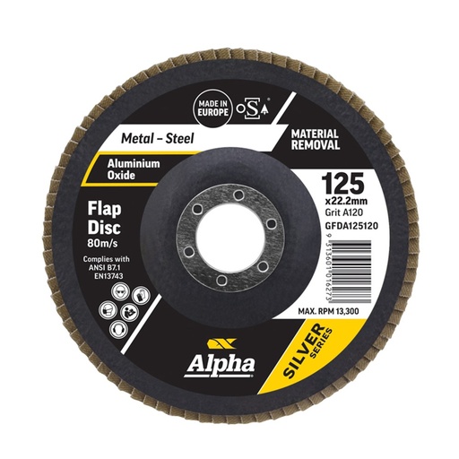 [170-GFDA125120] Flap Disc 125mm A120 Grit | Alox Silver Series Bulk