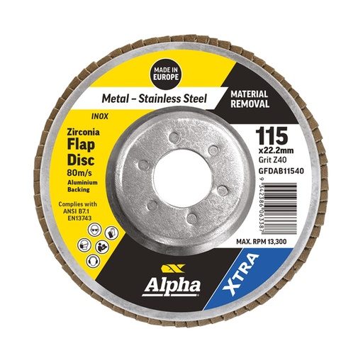 [170-GFDAB11540] Flap Disc 115mm Z40 Grit Zirconia Aluminium Back Xtra Bulk